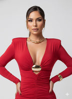 Vestido feminino vermelho midi ajustado ao corpo com decote em V
