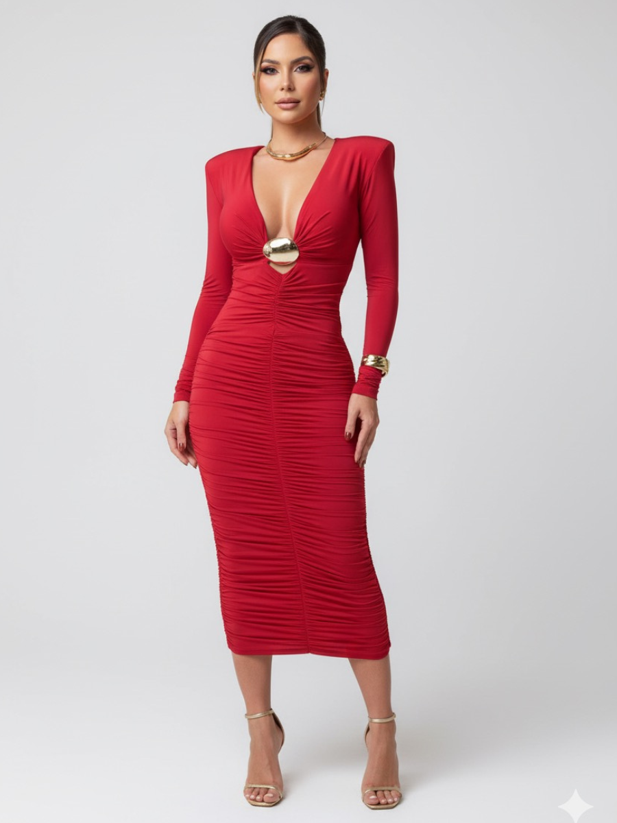 Vestido feminino vermelho midi com detalhe frontal metálico
